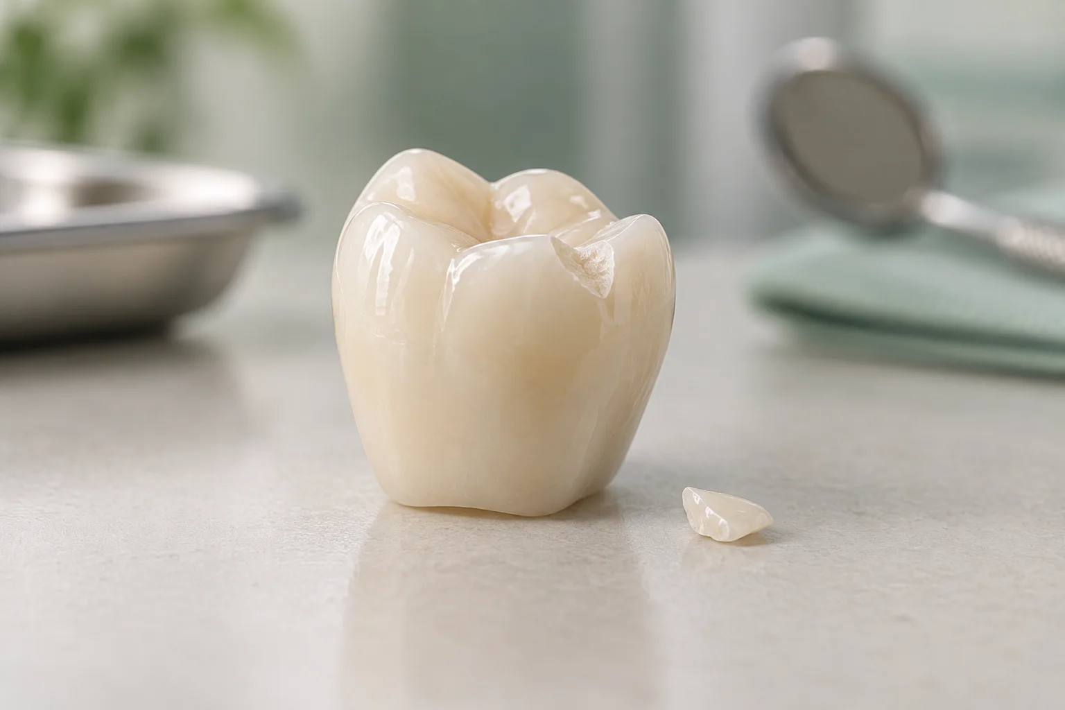 Illustration of a ceramic crown with a small chip and a detached ceramic fragment