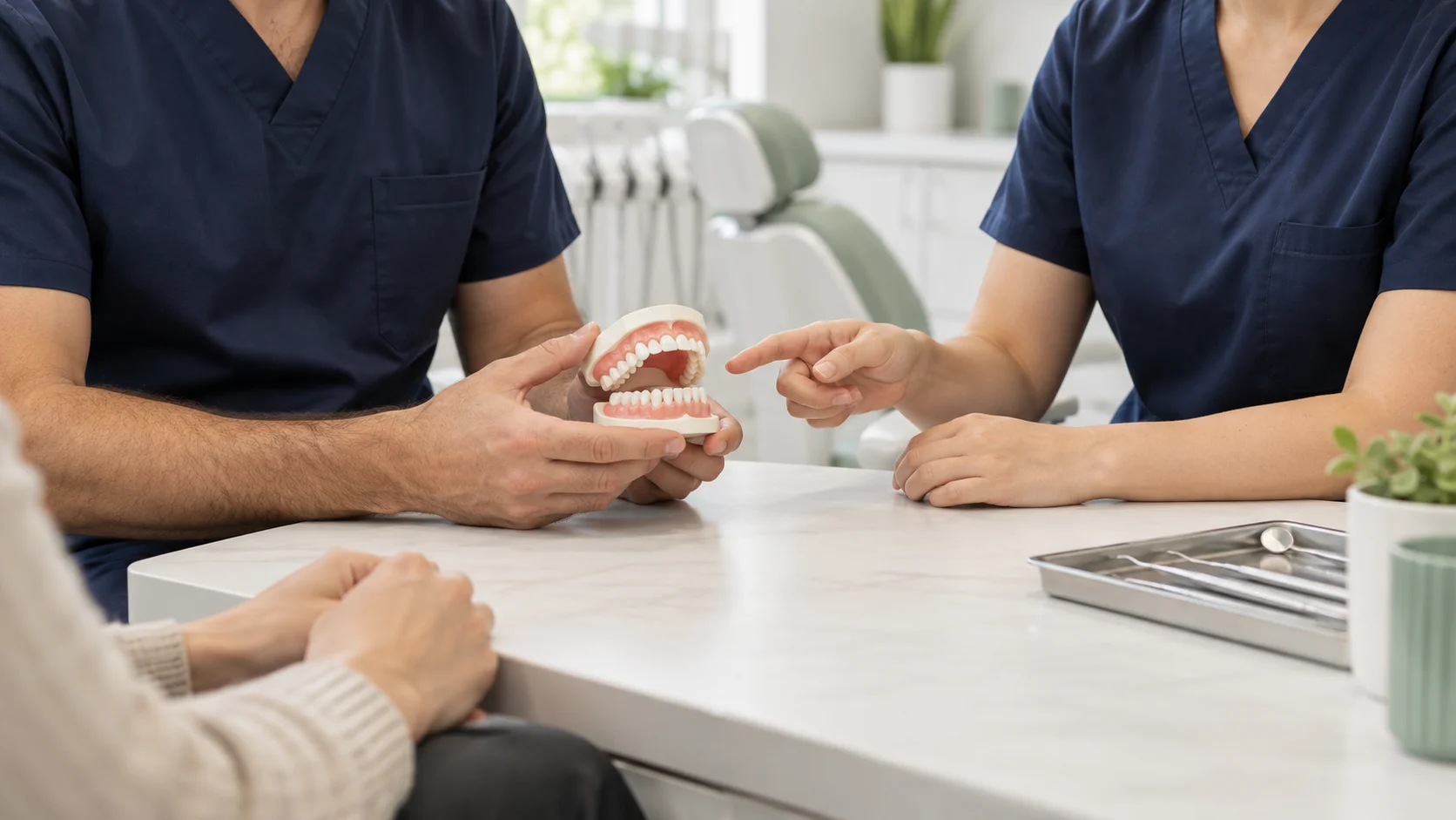 Illustrative photograph of a male and a female dentist talking with a patient